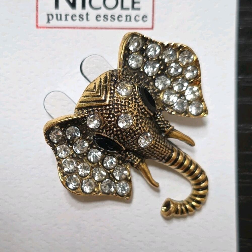 Nicole purest essence Elephant Brooch Pin Gold Metal Clear Crystal Rhinestone